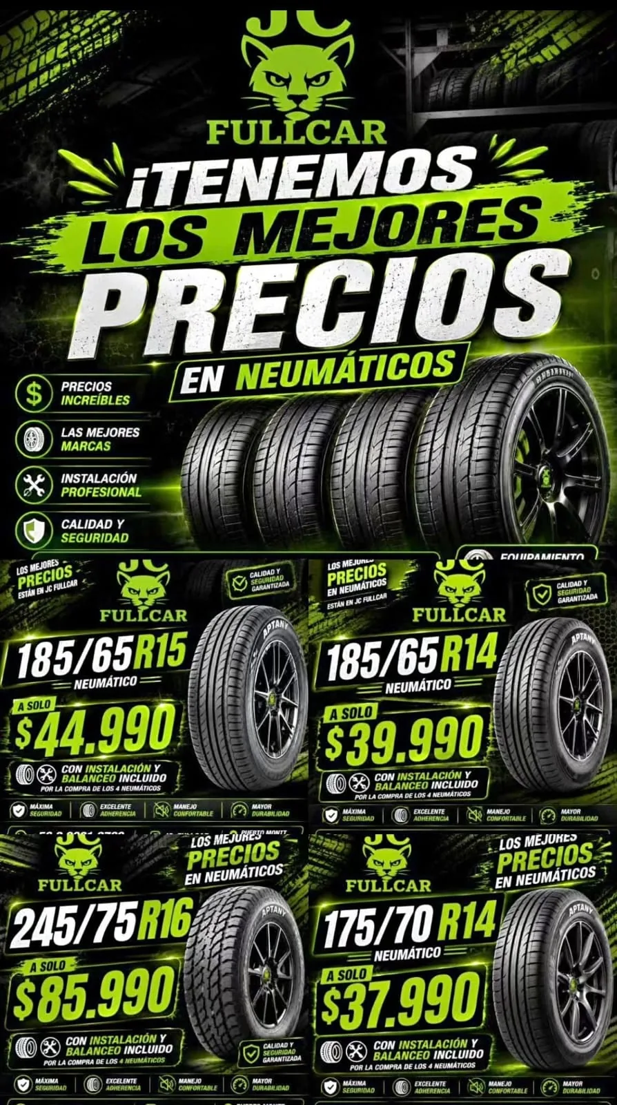 Collage de promociones de neumáticos JC Full Car
